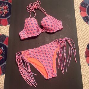 Aerie Coral, Orange, pink, blue Bikini Set Medium, 34D
